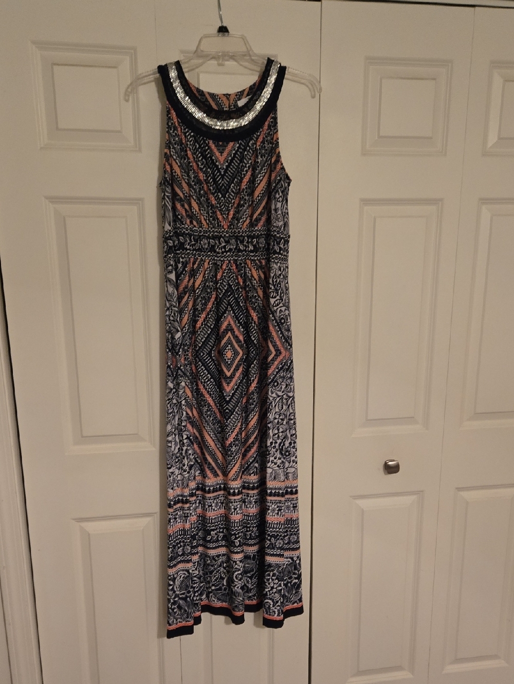 Sleeveless Maxi Dress in Navy and Peach with Decorative Neckline